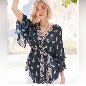 Jade Johnny Was Ezra Mixed Blue Floral Sheer Belted Wrap Top Size L/XL